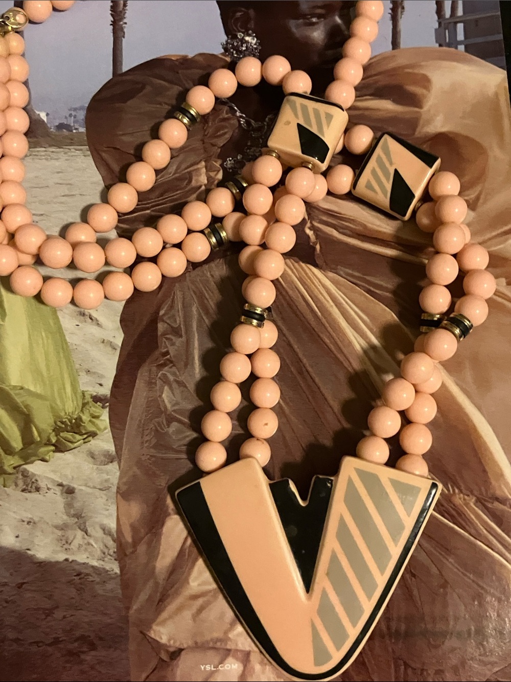 Vintage Peach Beaded Necklace with Geometric V Pendant by Vintage